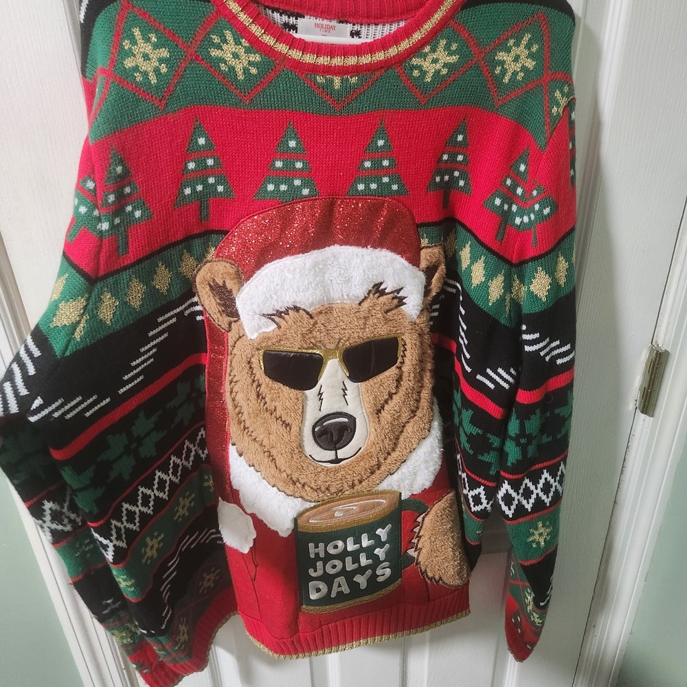 Holiday Time 2XL Ugly Christmas Sweater Bear Holly Jolly Days Red Gold